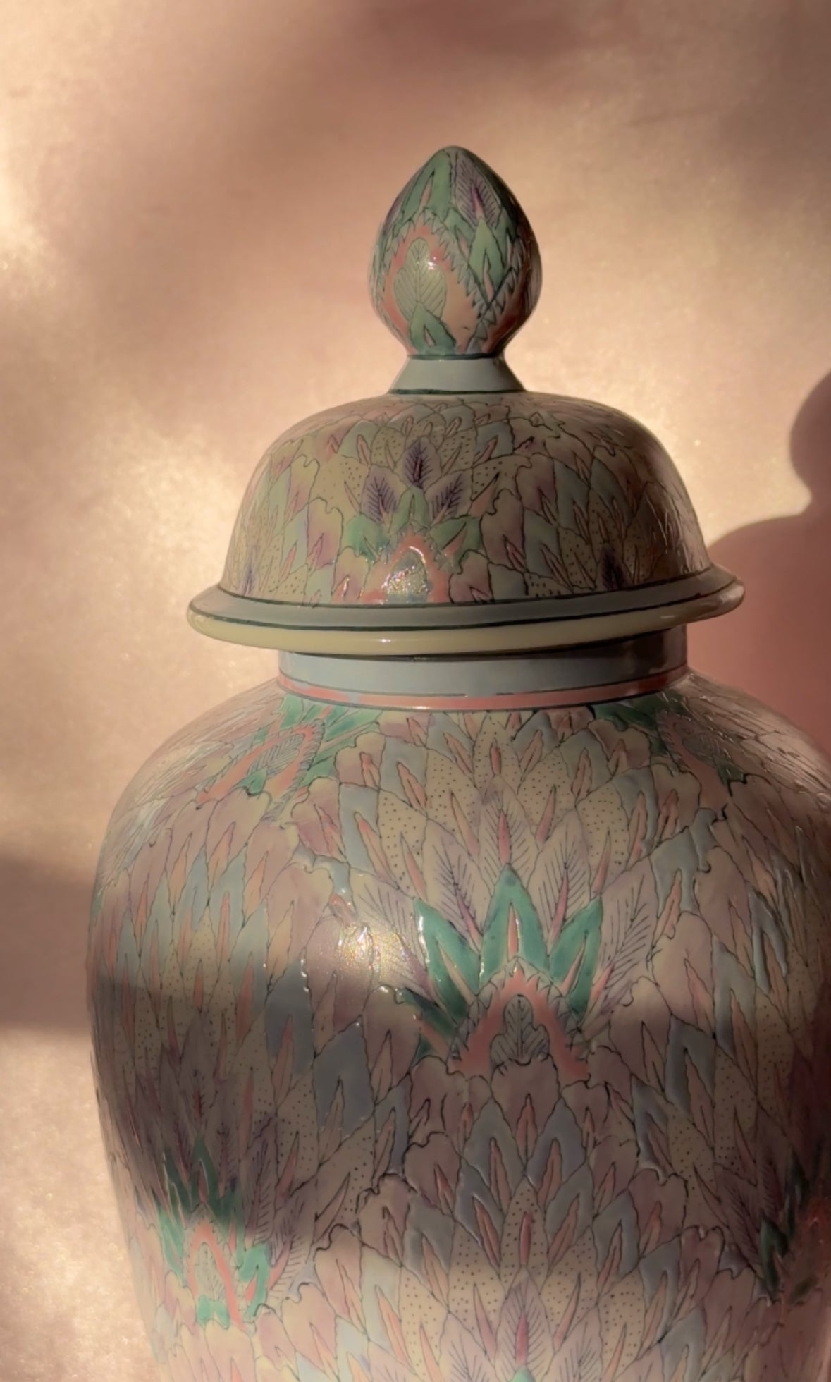 Vintage Toyo Pastel Peacock Feather Plumage Design Porcelain Lidded Vessel