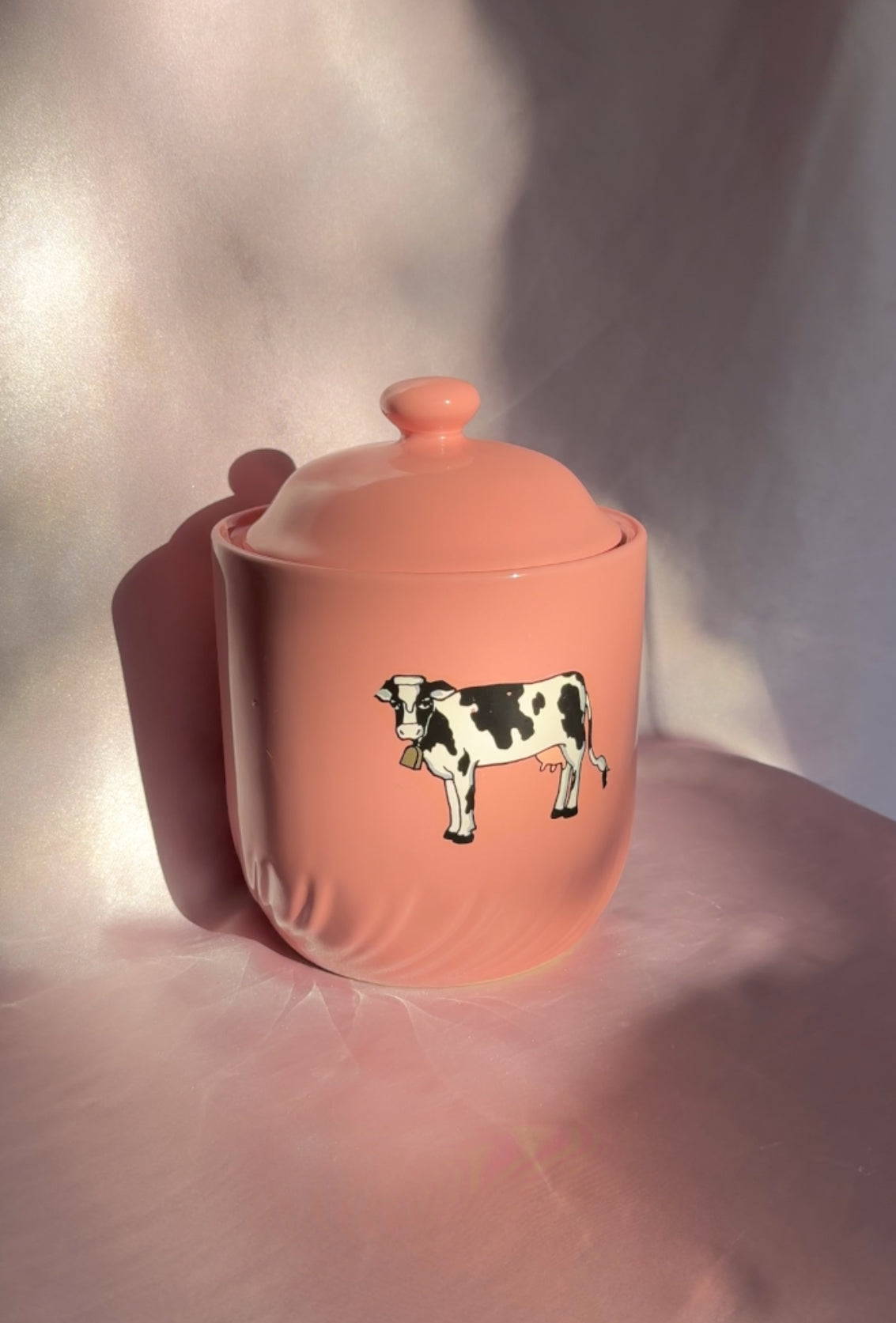 1991 Home Collection Stoneware Pink Cookie Jar with Cow Decal