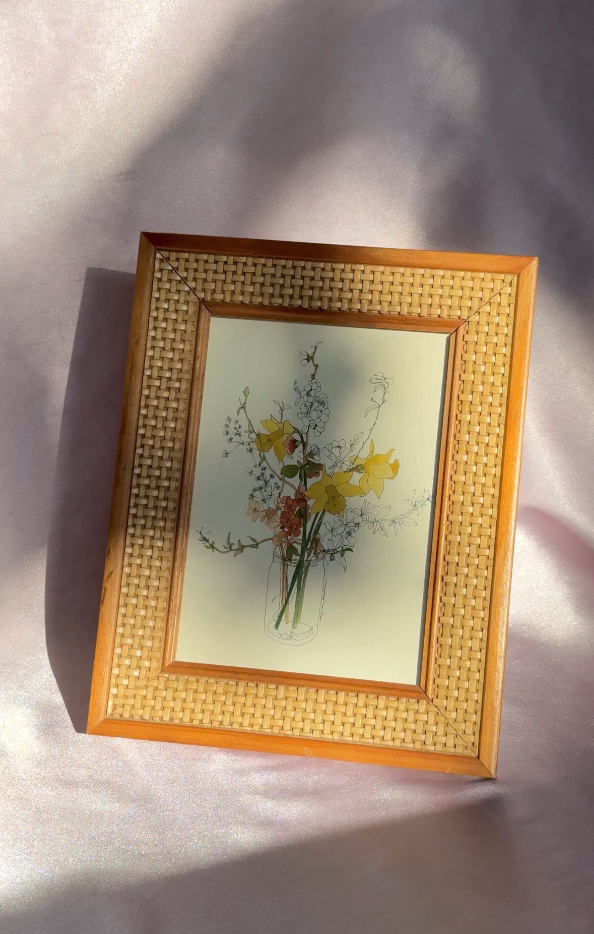 1980’s Signed Mary Lou Goertzen “Blossoms” Watercolor Flower Painting in a Vintage Rattan & Wood Frame