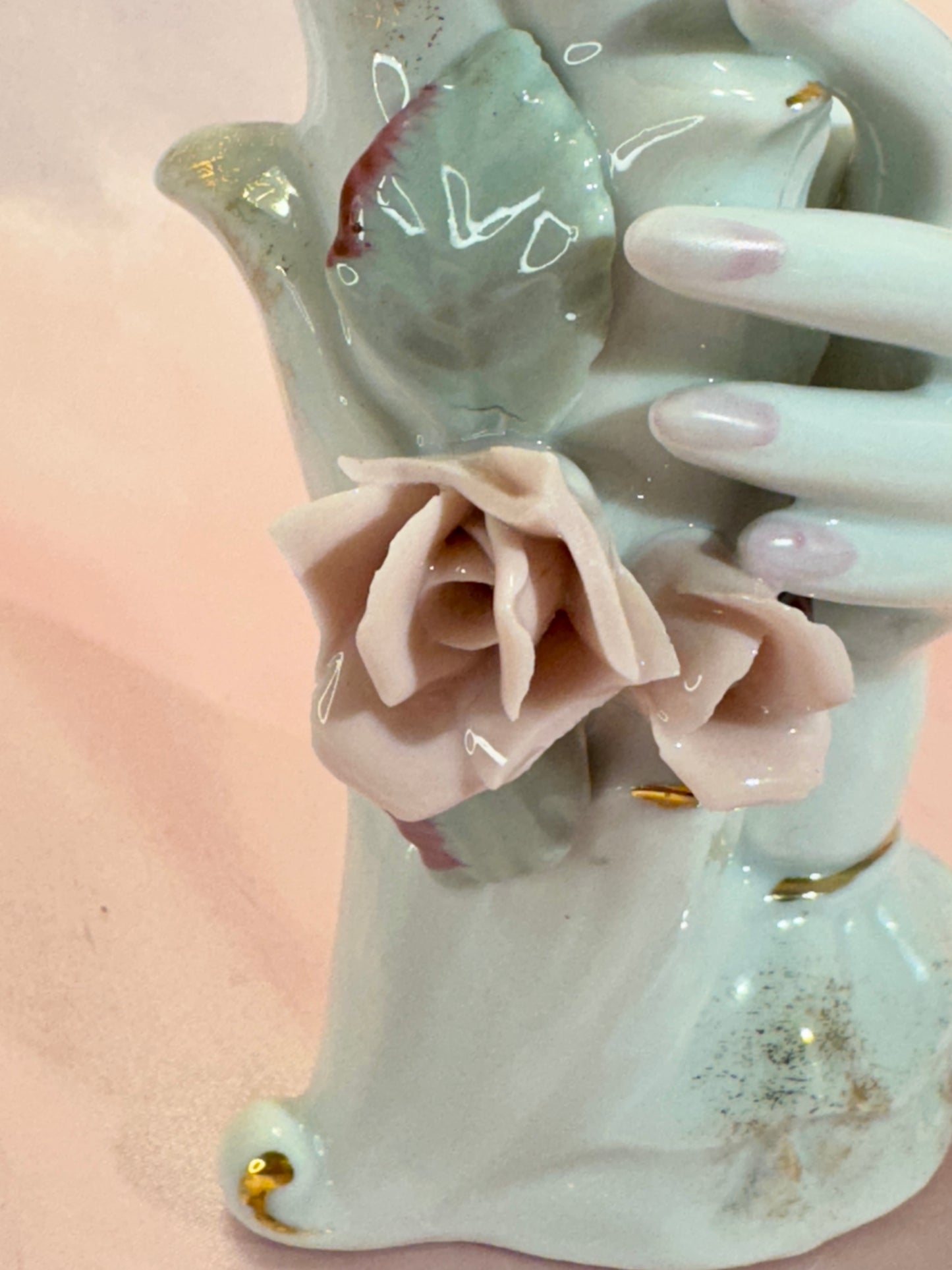 Vintage White Porcelain Hand Vase With Pink Roses