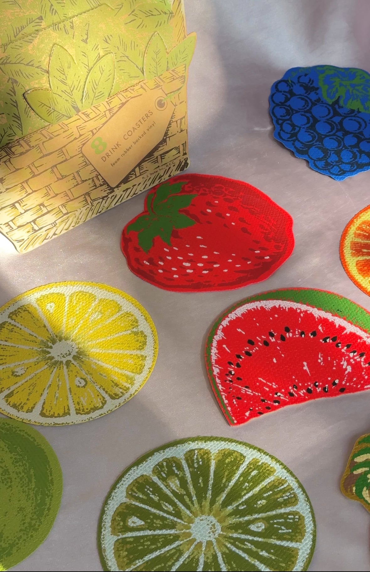 1970’s Vintage H. J. Stotter Pop Art Set of 8 Fruit Shaped Drink Coasters & Basket Display *As Is*