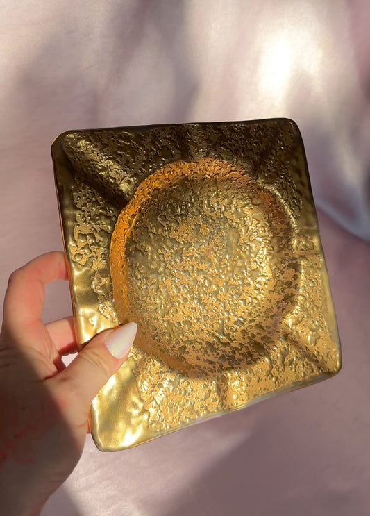 Vintage Large Square Gold Ceramic Ashtray - Made in Italy