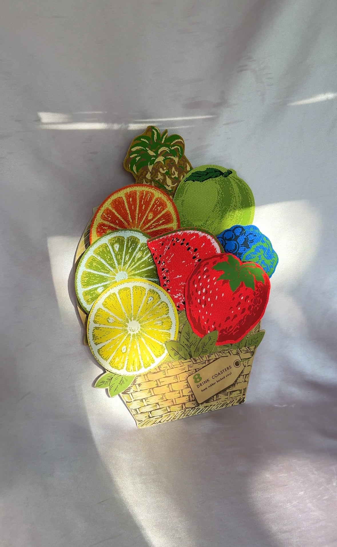 1970’s Vintage H. J. Stotter Pop Art Set of 8 Fruit Shaped Drink Coasters & Basket Display *As Is*