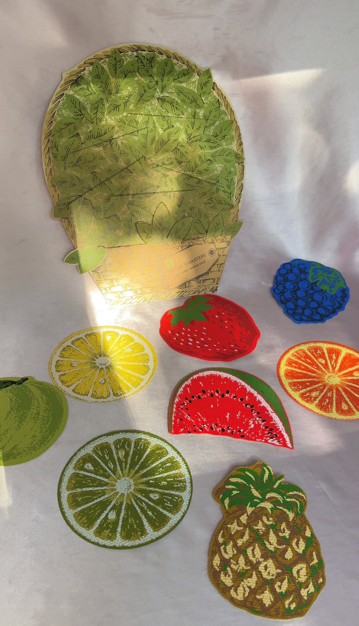 1970’s Vintage H. J. Stotter Pop Art Set of 8 Fruit Shaped Drink Coasters & Basket Display *As Is*