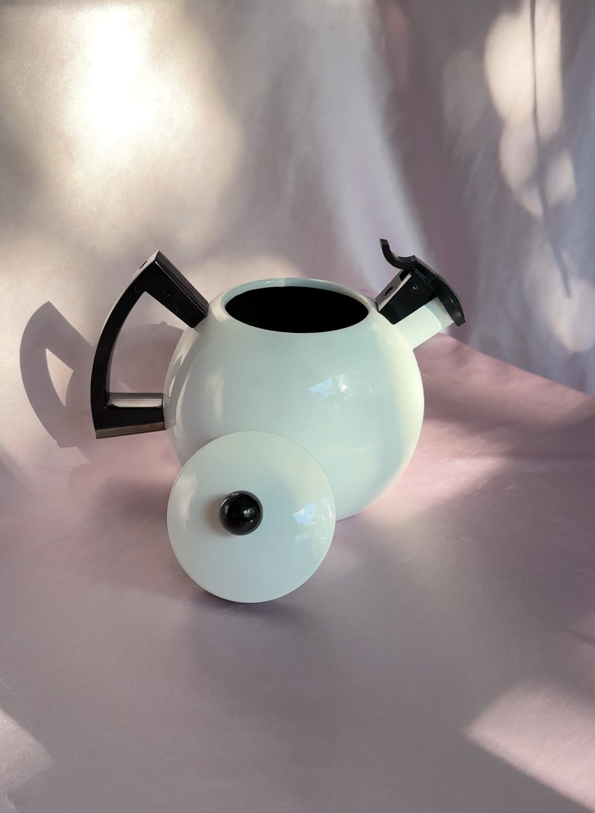 1980’s Post Modern Sam Lebowitz Design for Copco White & Black Enamel Whistling Tea Kettle