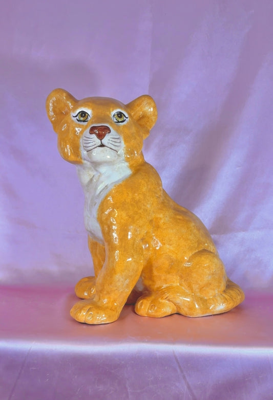 14.4” Tall 1970's Mid Century Modern Ceramic Lion Cub Sculpture