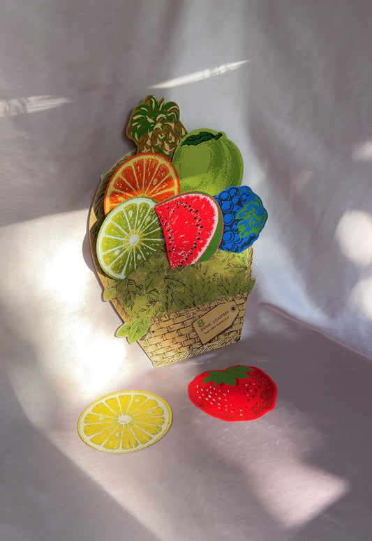 1970’s Vintage H. J. Stotter Pop Art Set of 8 Fruit Shaped Drink Coasters & Basket Display *As Is*