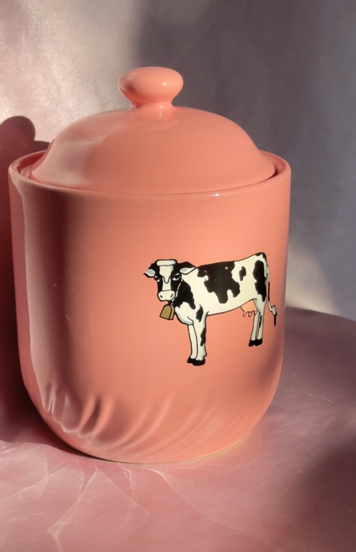 1991 Home Collection Stoneware Pink Cookie Jar with Cow Decal