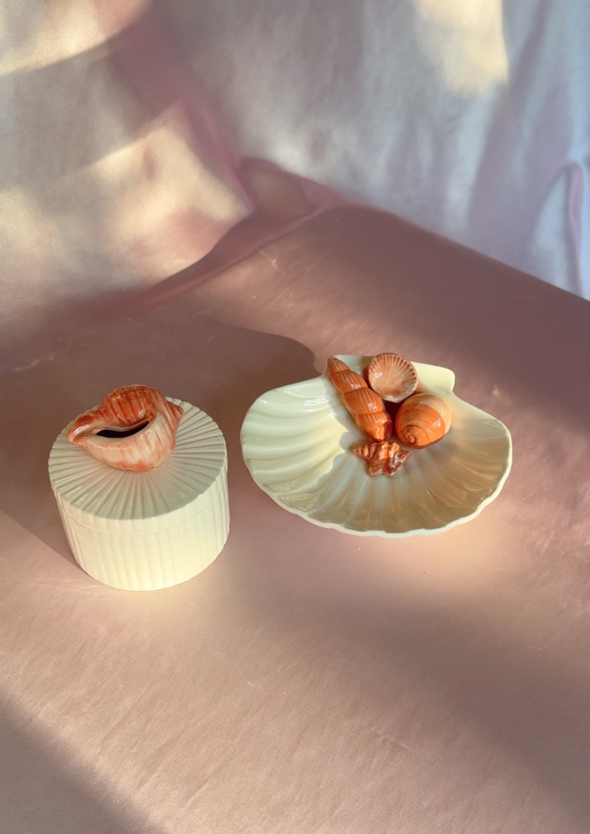 Vintage Fitz & Floyd Matching Coral & White Ceramic Seashell Dish & Fluted Trinket Box