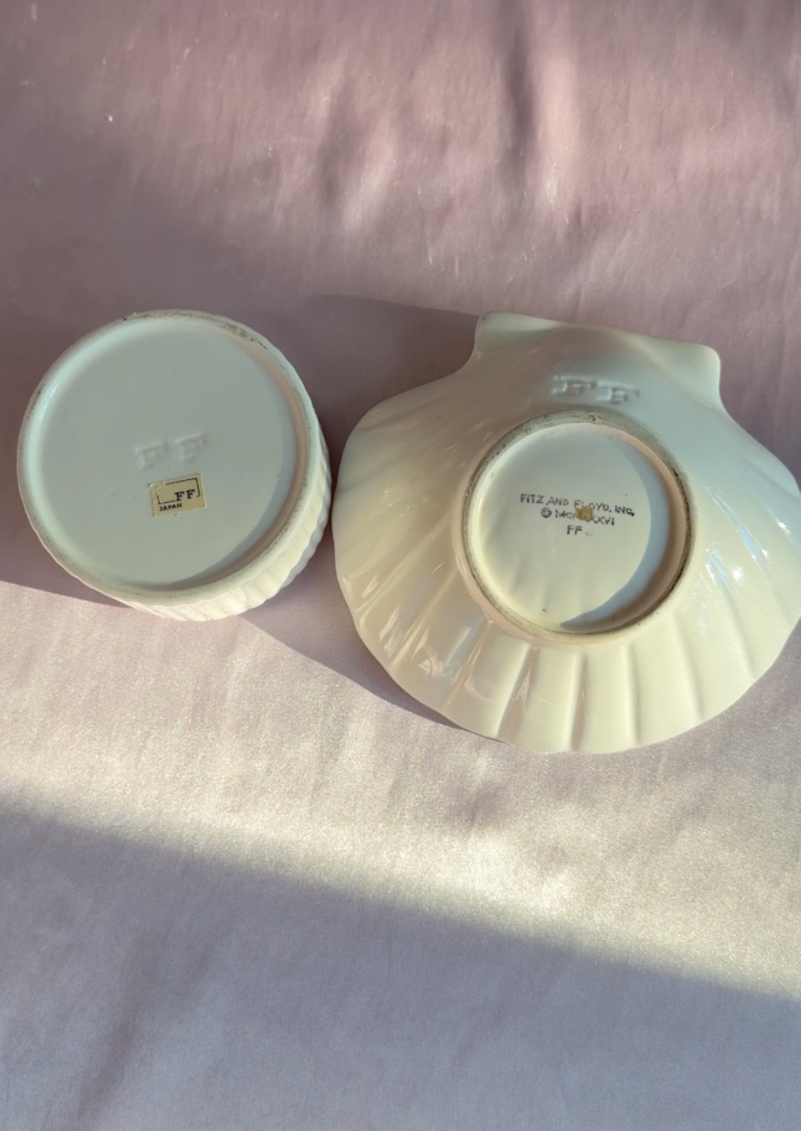 Vintage Fitz & Floyd Matching Coral & White Ceramic Seashell Dish & Fluted Trinket Box