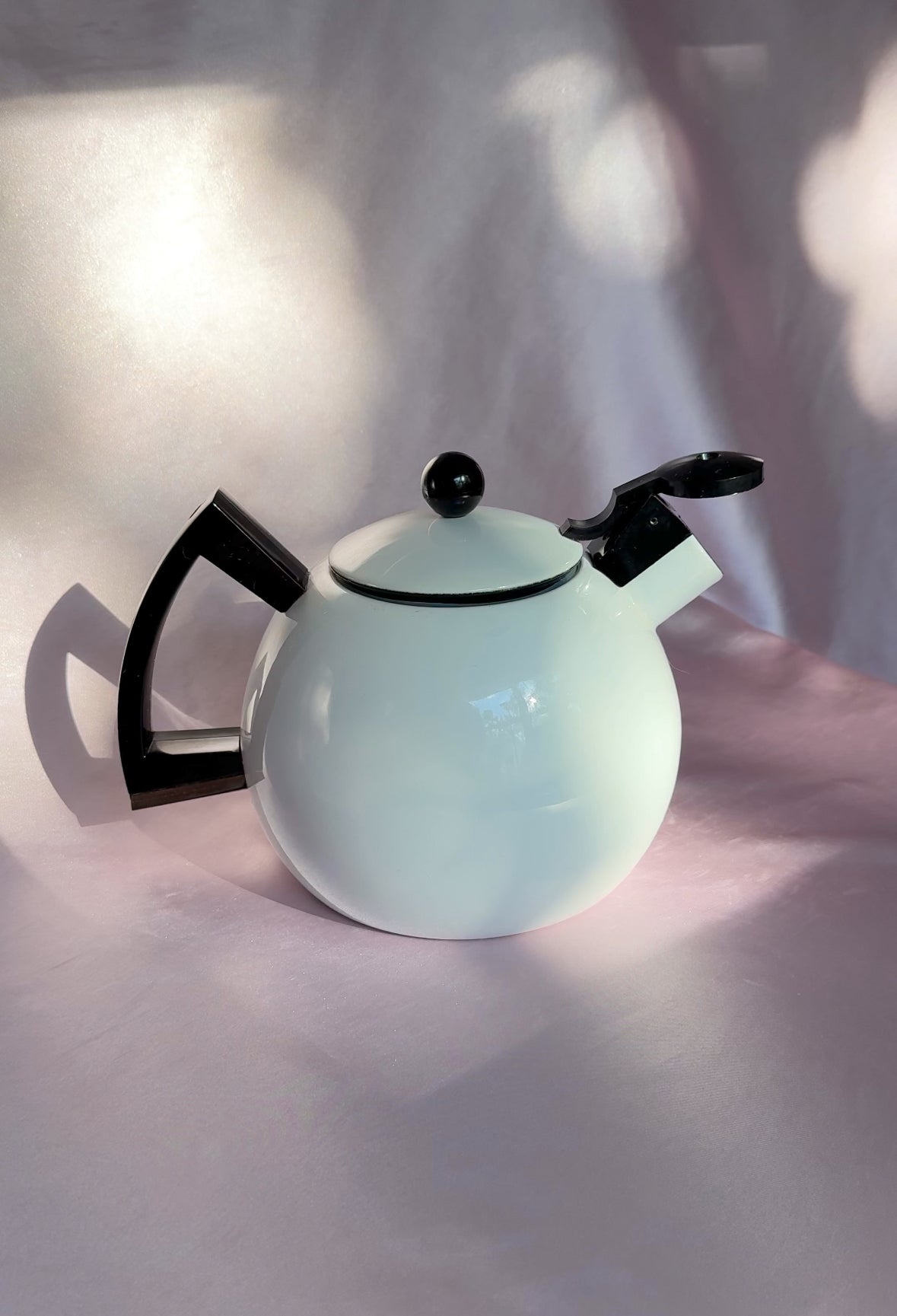 1980’s Post Modern Sam Lebowitz Design for Copco White & Black Enamel Whistling Tea Kettle