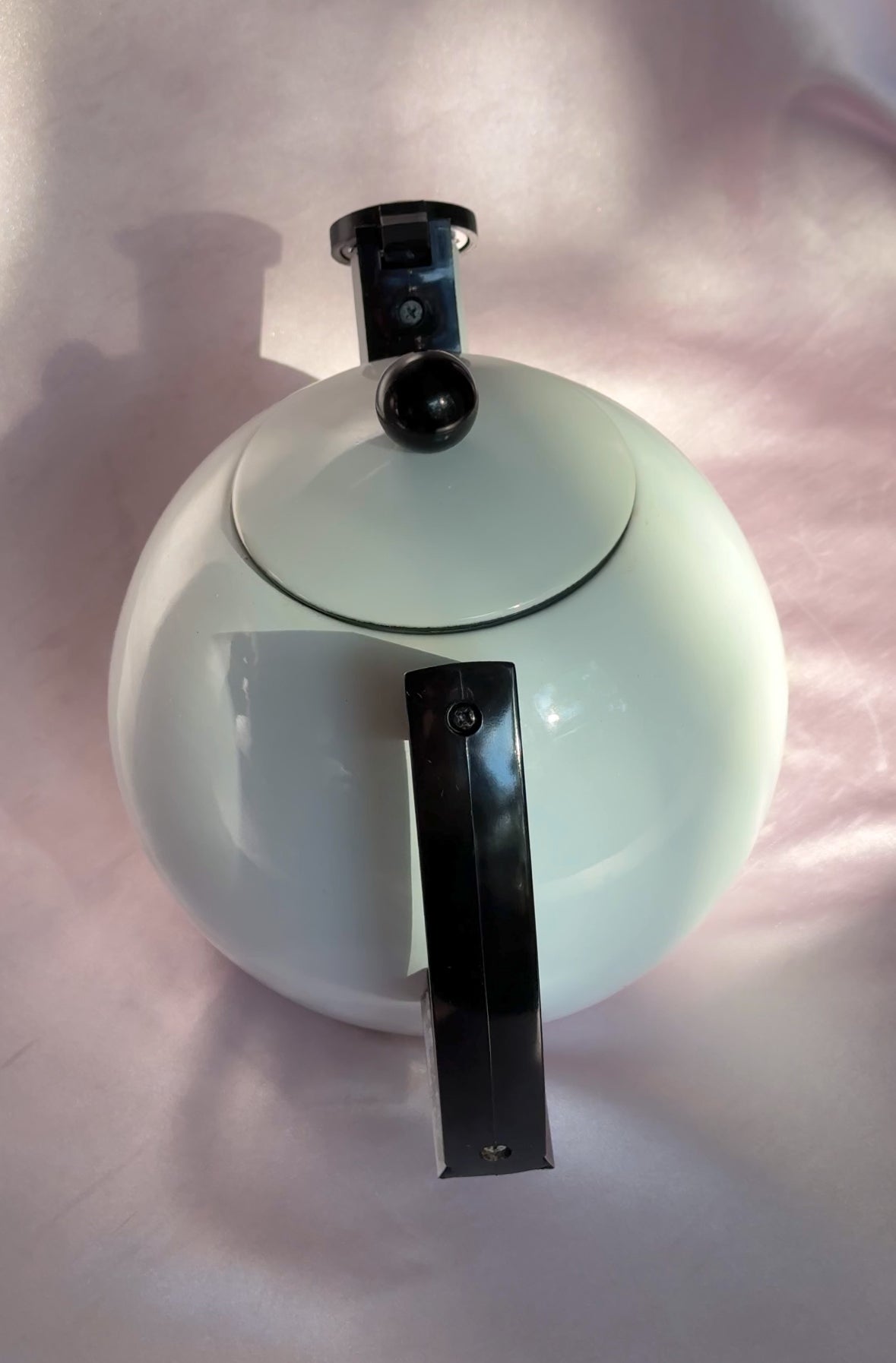 1980’s Post Modern Sam Lebowitz Design for Copco White & Black Enamel Whistling Tea Kettle