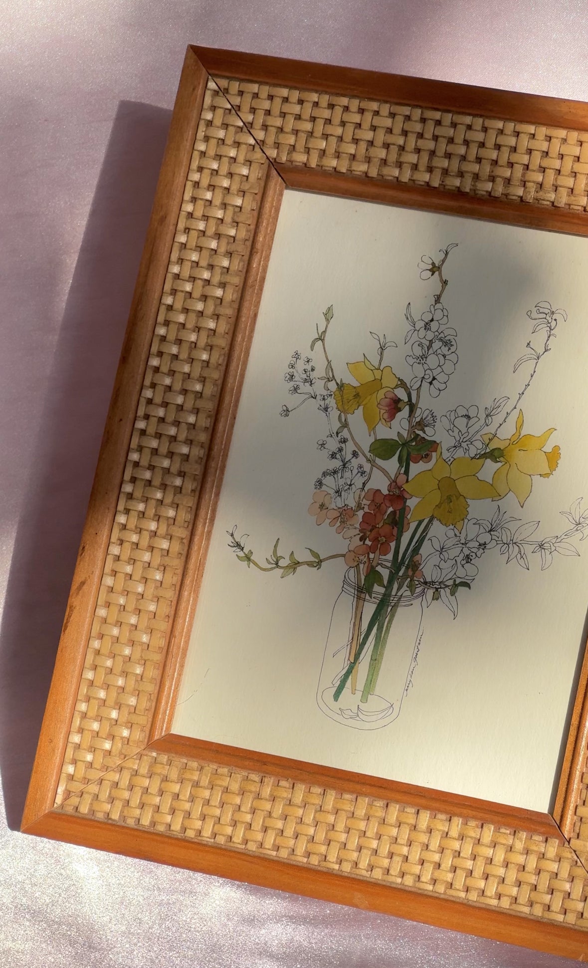 1980’s Signed Mary Lou Goertzen “Blossoms” Watercolor Flower Painting in a Vintage Rattan & Wood Frame