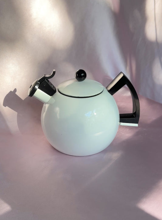 1980’s Post Modern Sam Lebowitz Design for Copco White & Black Enamel Whistling Tea Kettle