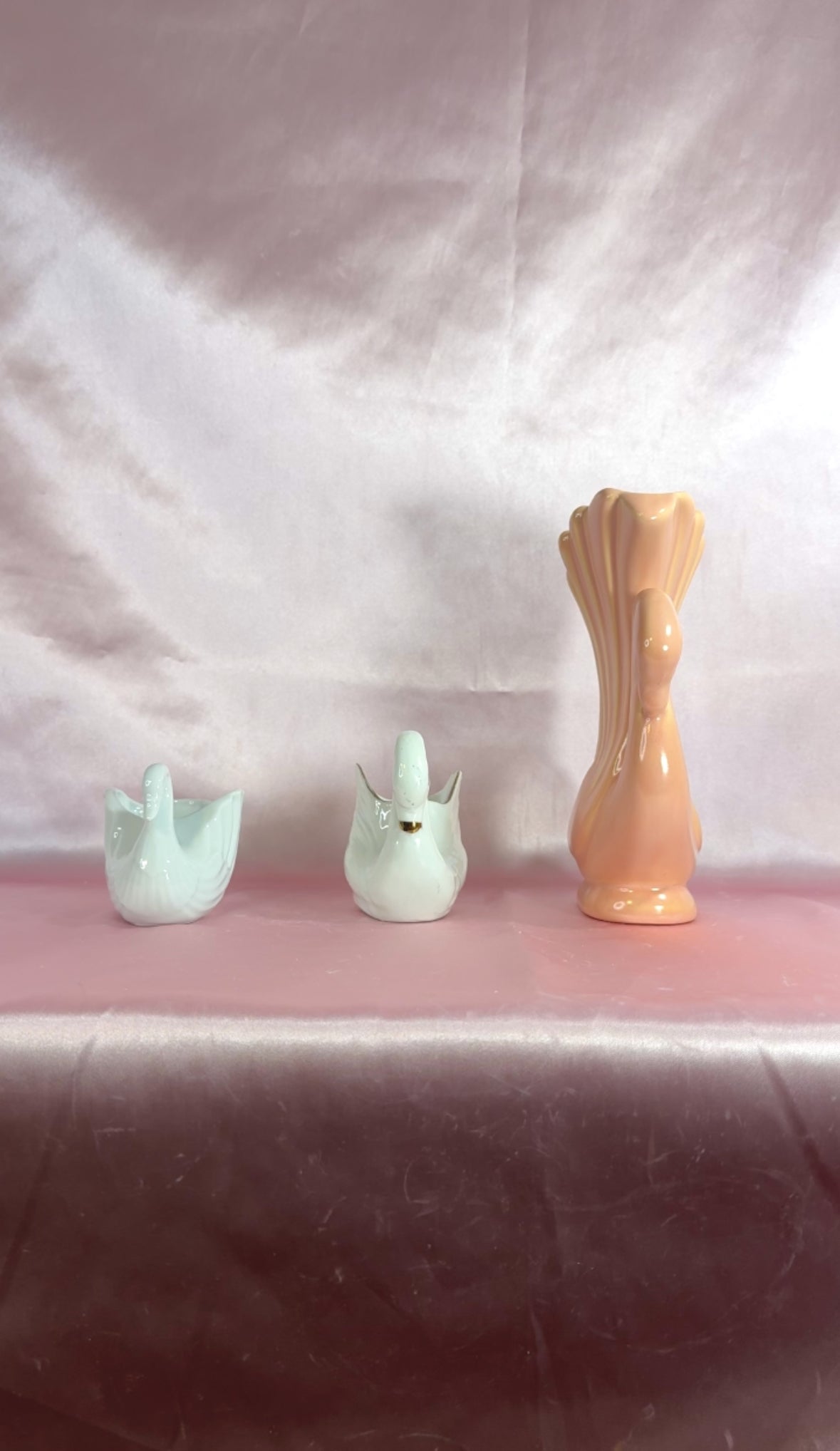 Vintage Pink, White & Gold Ceramic Swan Shaped Vases