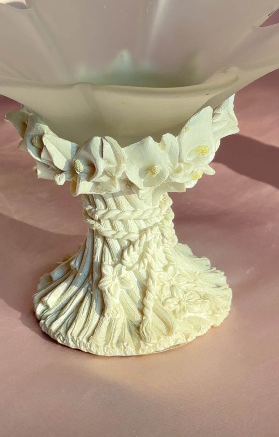 Vintage Ceramic White Calla Lily Pedestal with Frosted Glass Flower Dish