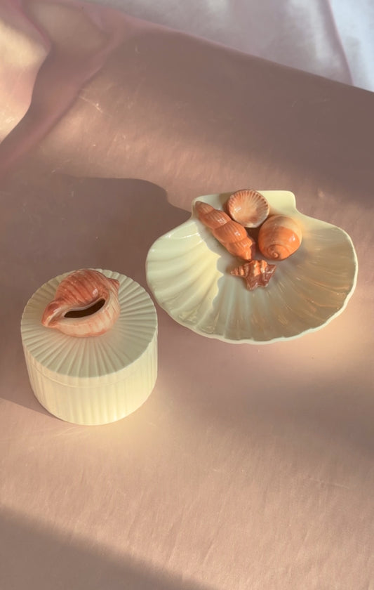 Vintage Fitz & Floyd Matching Coral & White Ceramic Seashell Dish & Fluted Trinket Box