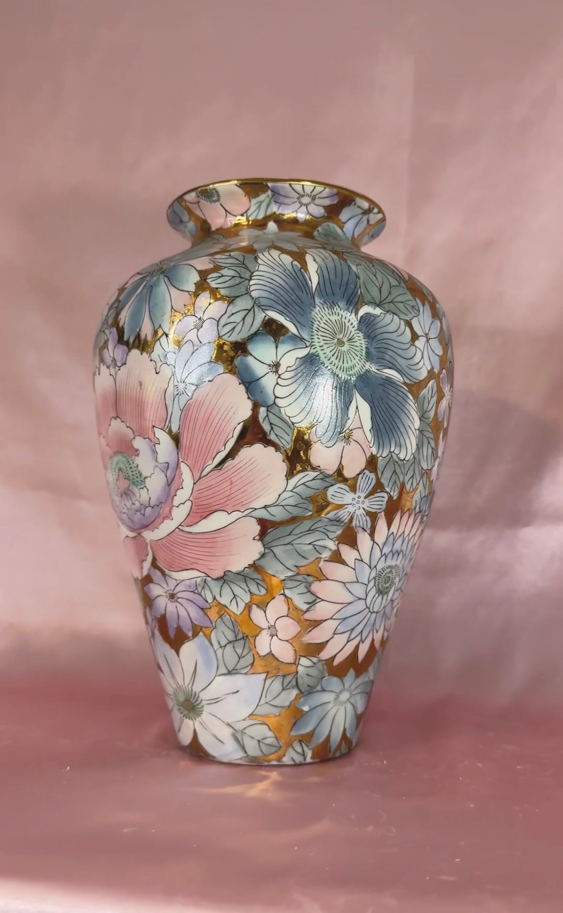 Vintage Toyo “Golden Peony” Vase with a Pastel Floral Design & Gold Flake Inlay