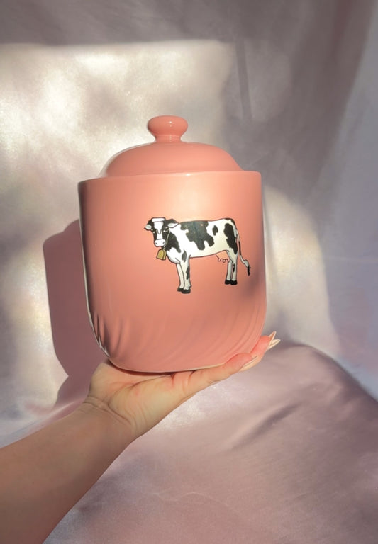 1991 Home Collection Stoneware Pink Cookie Jar with Cow Decal