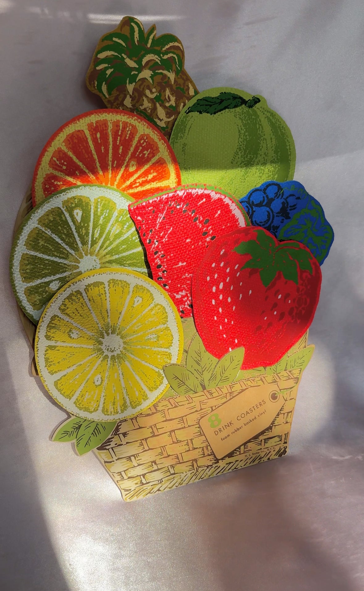 1970’s Vintage H. J. Stotter Pop Art Set of 8 Fruit Shaped Drink Coasters & Basket Display *As Is*