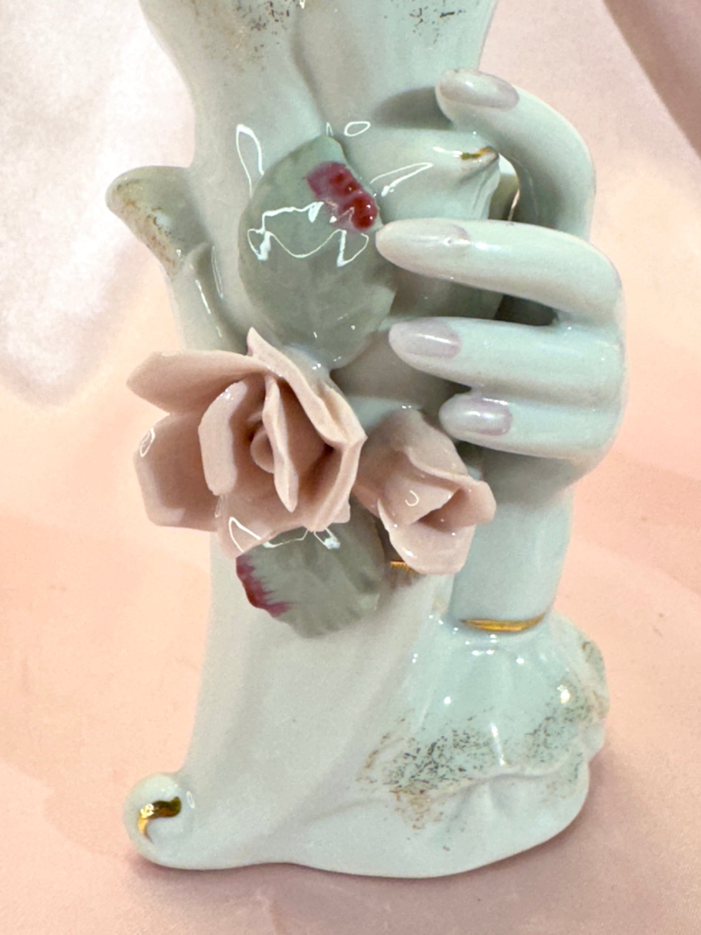 Vintage White Porcelain Hand Vase With Pink Roses