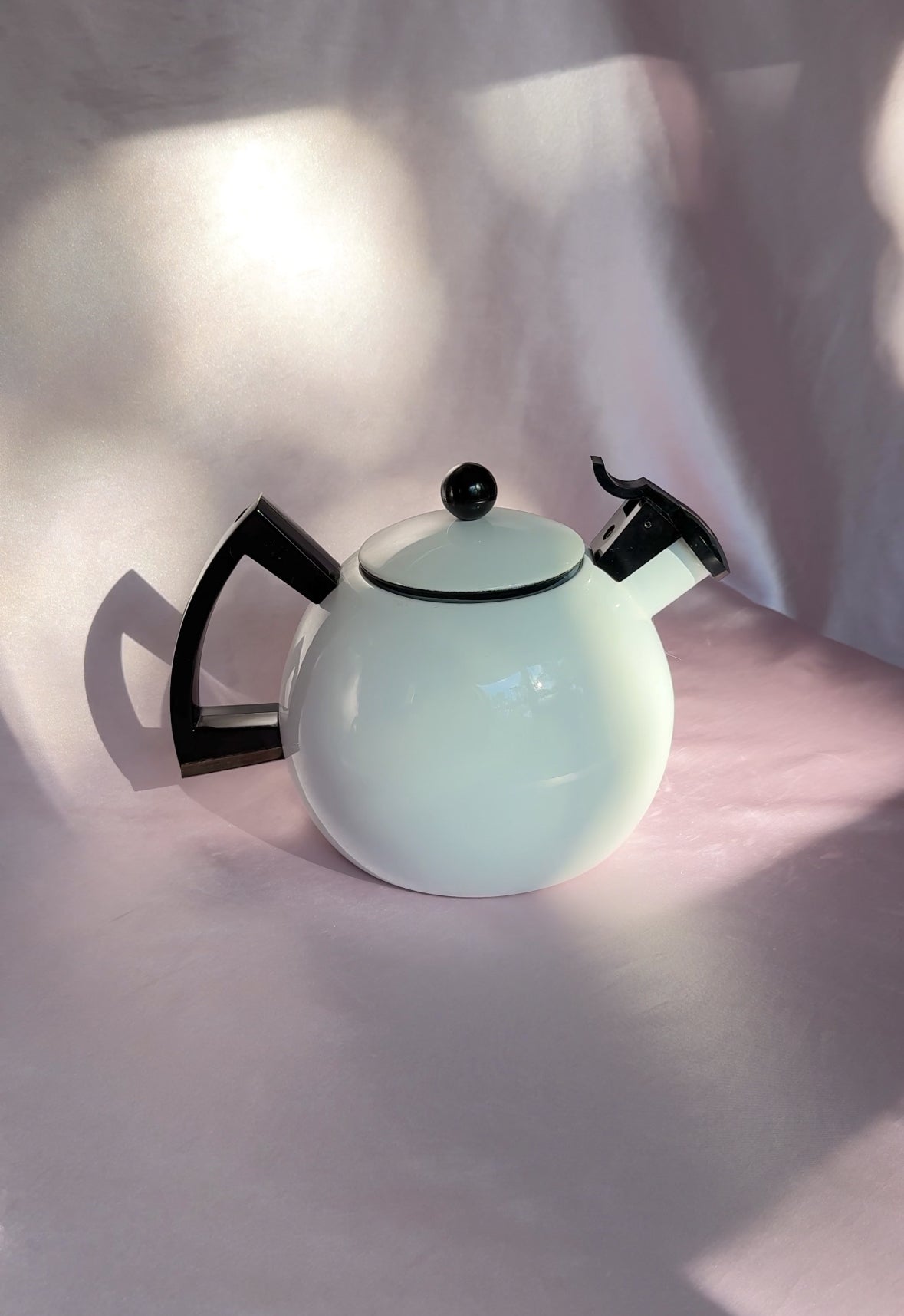 1980’s Post Modern Sam Lebowitz Design for Copco White & Black Enamel Whistling Tea Kettle