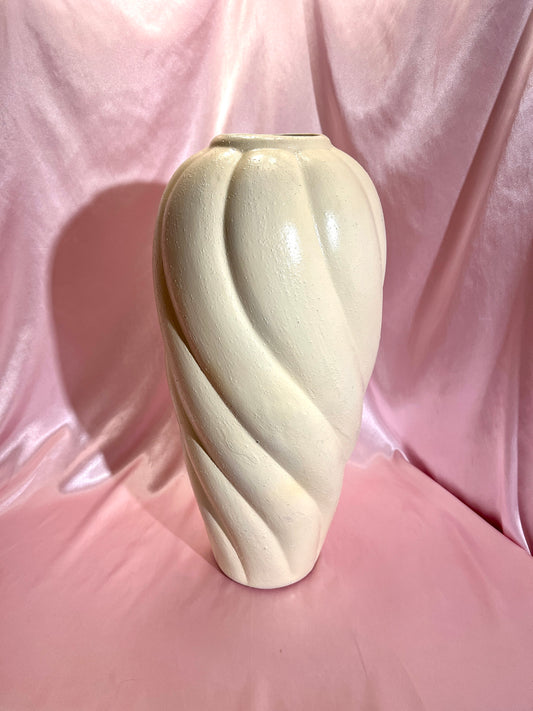 Large 18” 1980’s Postmodern Textured Cream Colored Swirled Ceramic Floor Vase